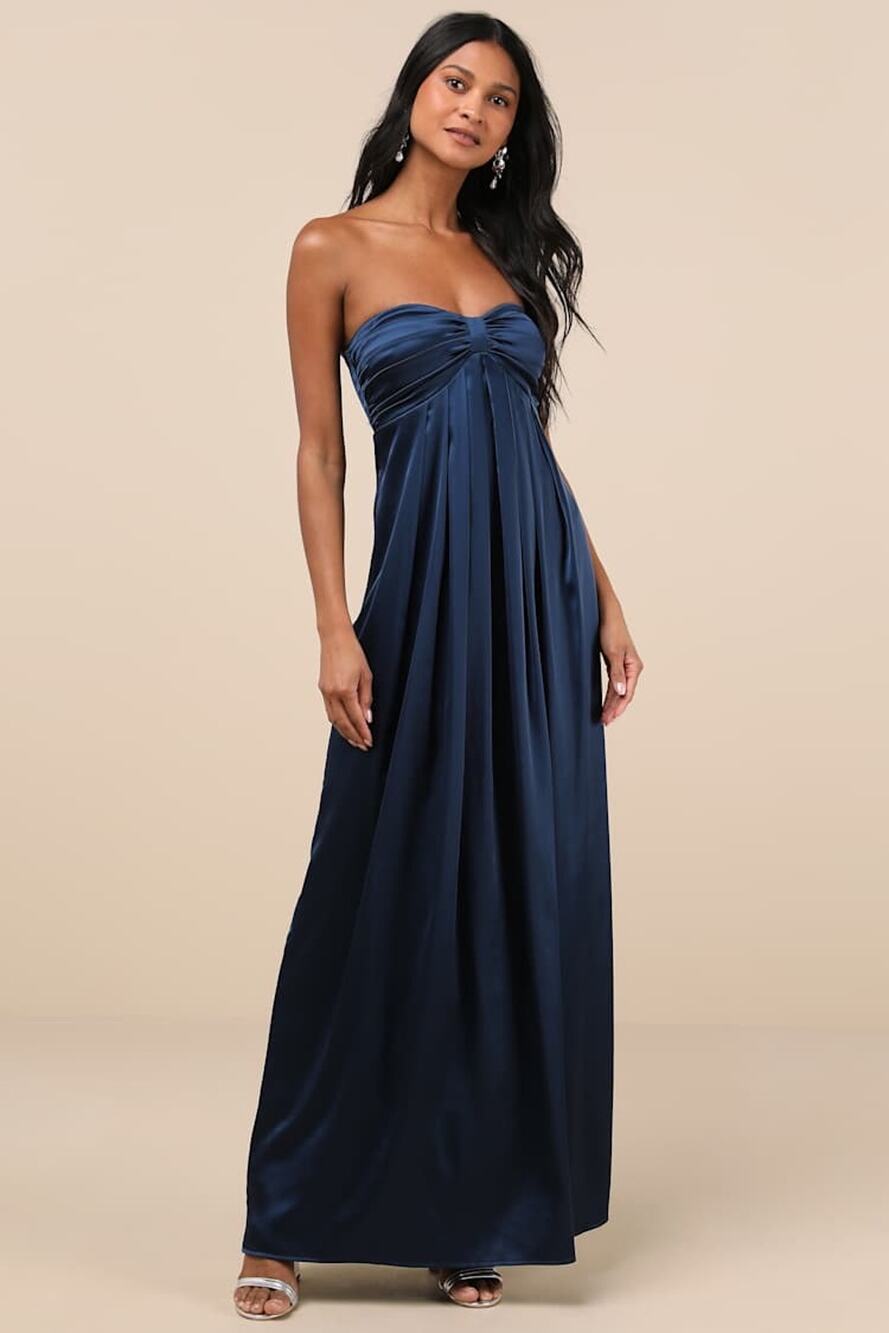 NWT Lulus Memorable Entrance Dark Blue Strapless Satin Maxi Dress Bridesmaid M